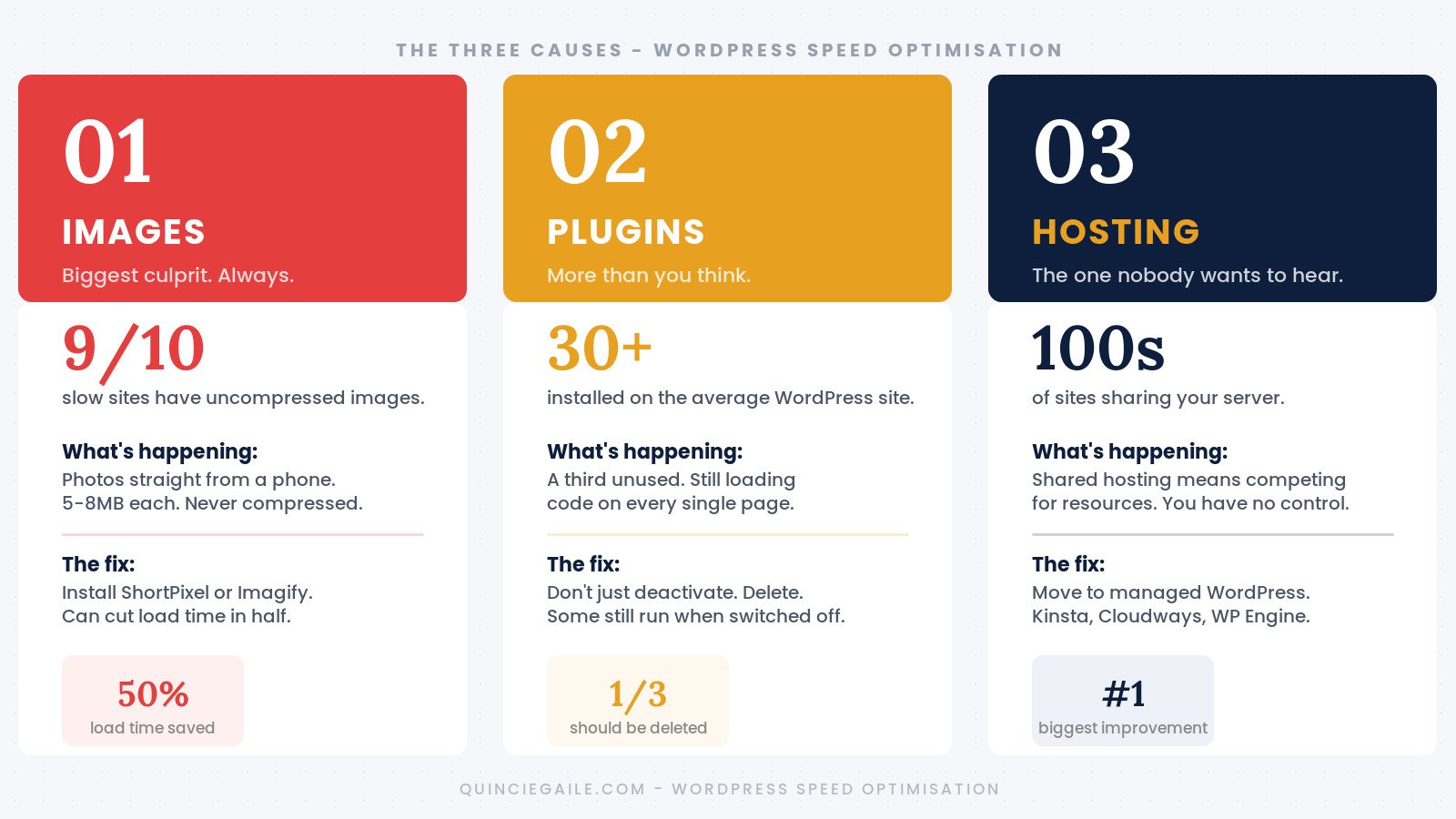 Infographic showing the three main causes of slow WordPress sites: images, plugins, and hosting